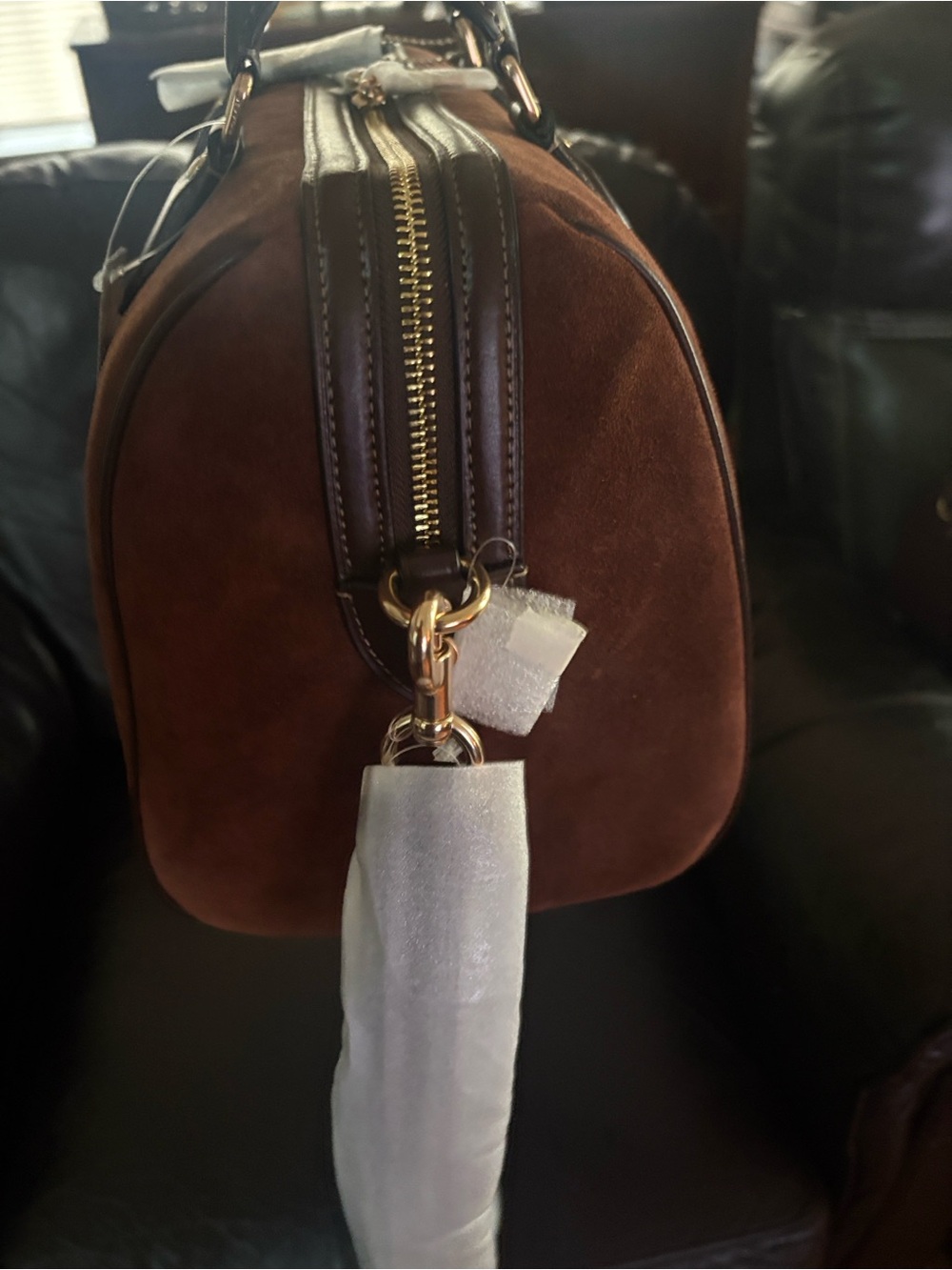 Brown Suede Duffel Bag with Gold Hardware